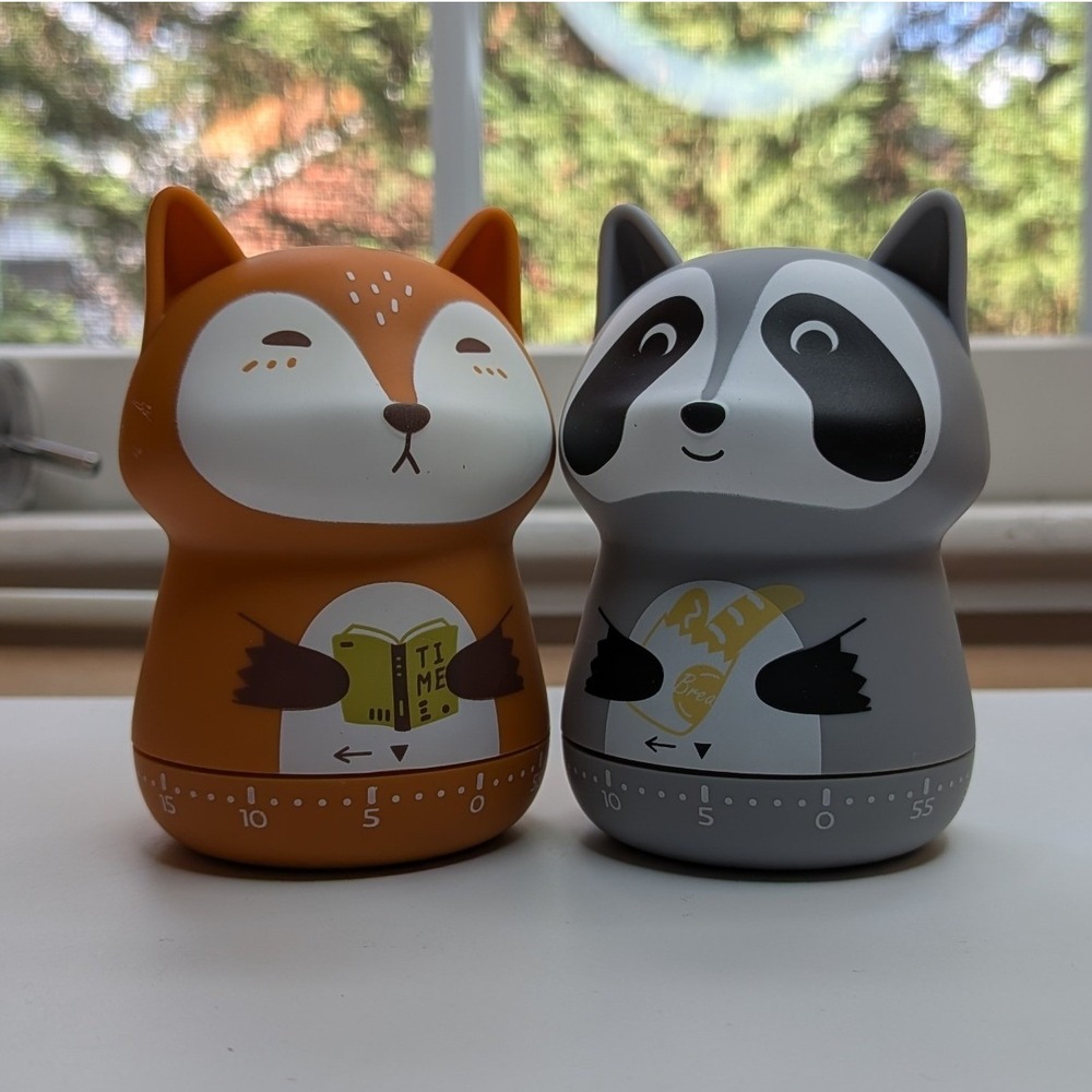 Fox and Raccoon Woodland Animal Mechanical Kitchen Timers Set of 2 Orange Grey